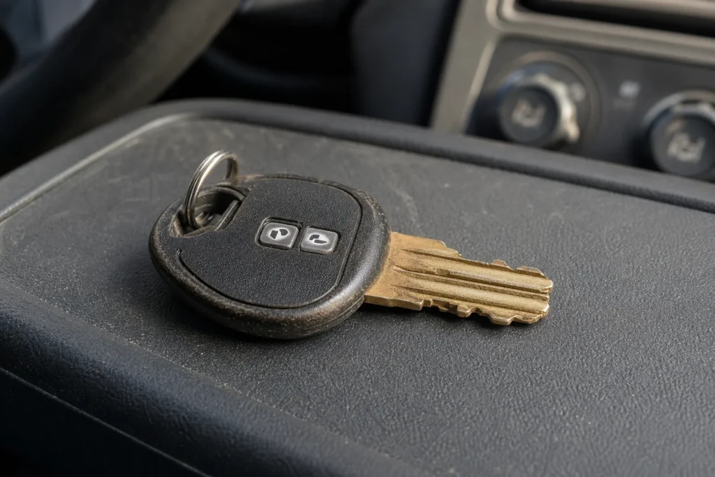 Automobilių meistras apžiūri automobilio raktą su pulteliu šalia automobilio.