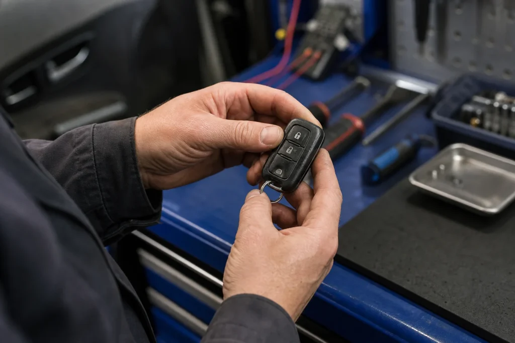 Žmogus apžiūri pažeistą automobilio raktelio korpusą šalia automobilio.