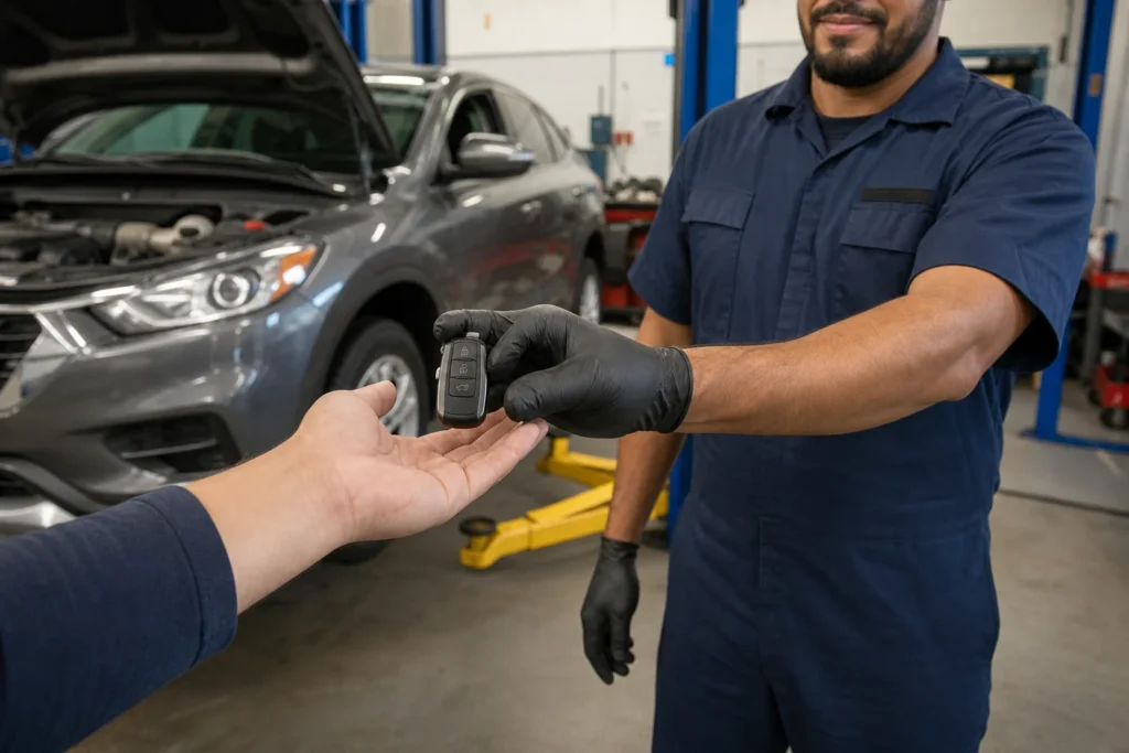 Žmogus laiko automobilio raktelį šalia stovinčio automobilio.