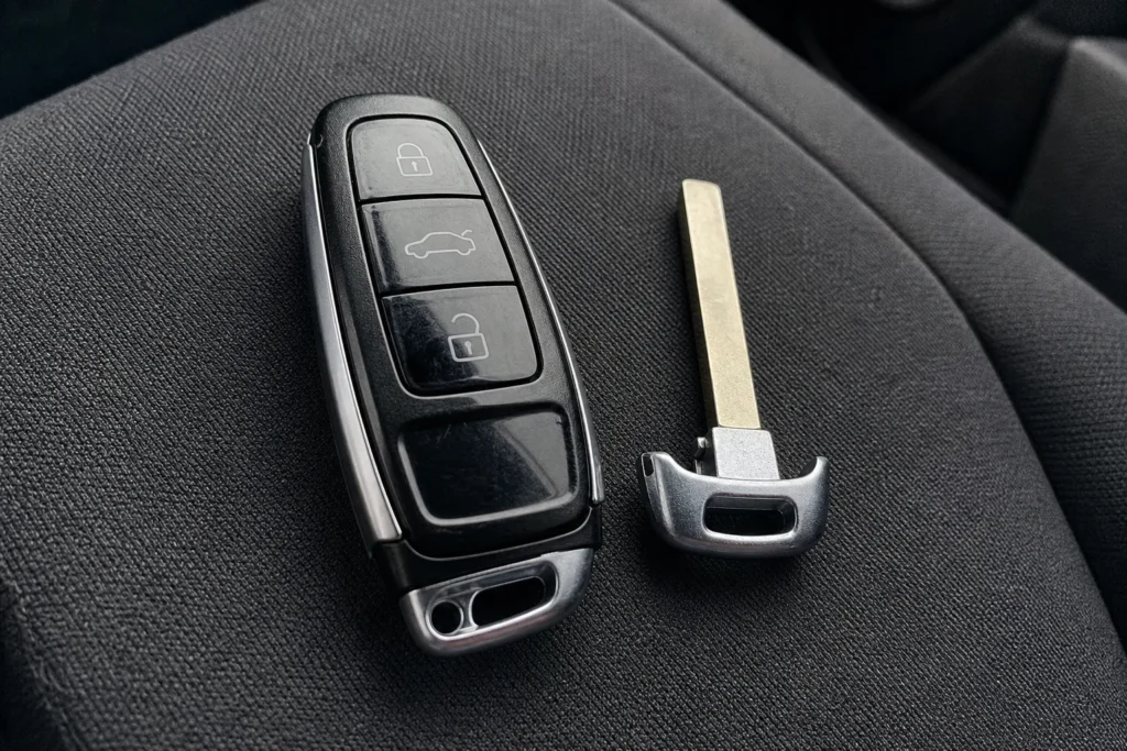 Automobilio rakto pultelis ir metalinė geležtė ant automobilio salono paviršiaus.