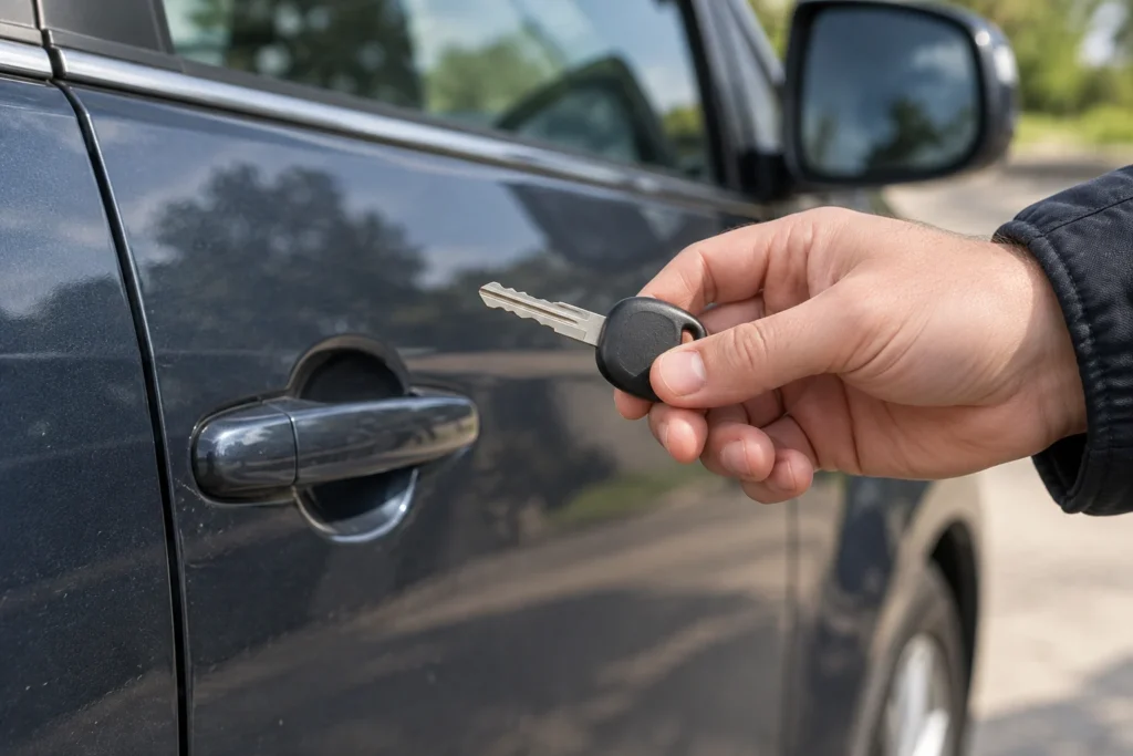 Ranka laiko automobilio raktą be mygtukų prie vairuotojo durelių.