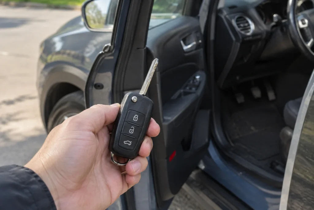 Ranka laiko naudotą automobilio rakto pultelį prie pravertų durelių.