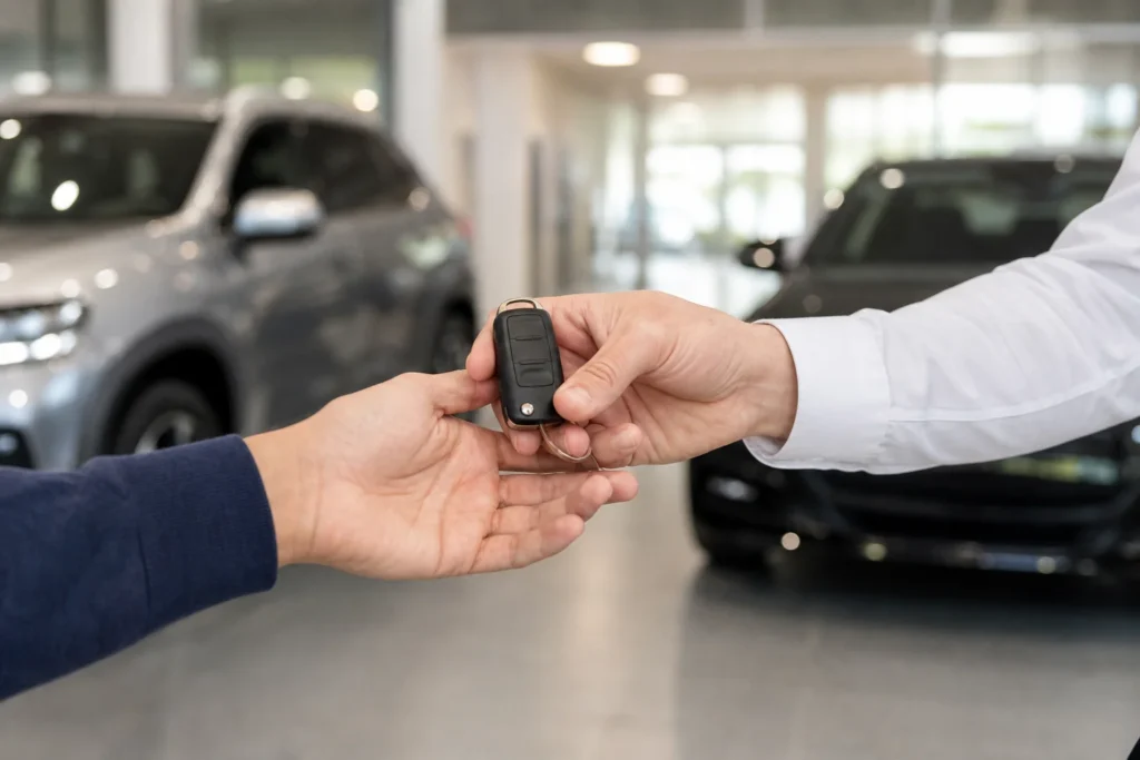 Automobilio raktas laikomas šalia stovinčio automobilio.