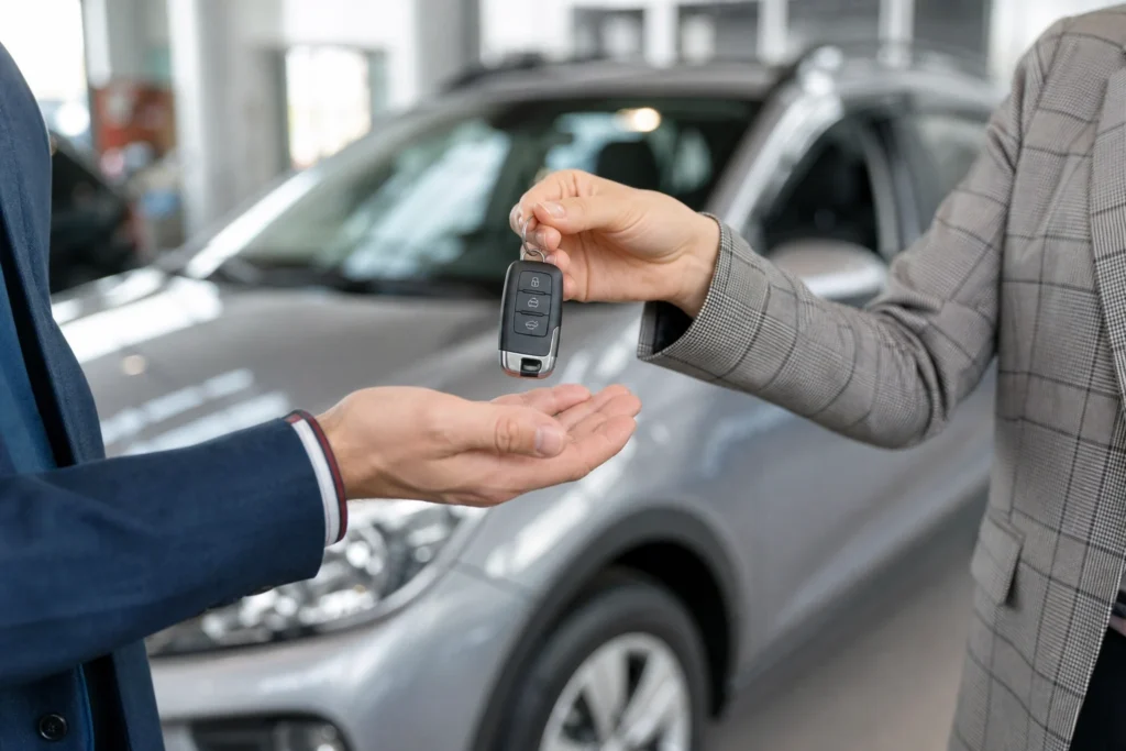Rankoje laikomas automobilio raktelis šalia stovinčio automobilio