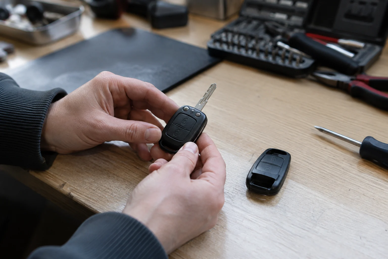 Ant darbo stalo apžiūrimas automobilio raktas, šalia padėtas atskiras tuščias korpusas.