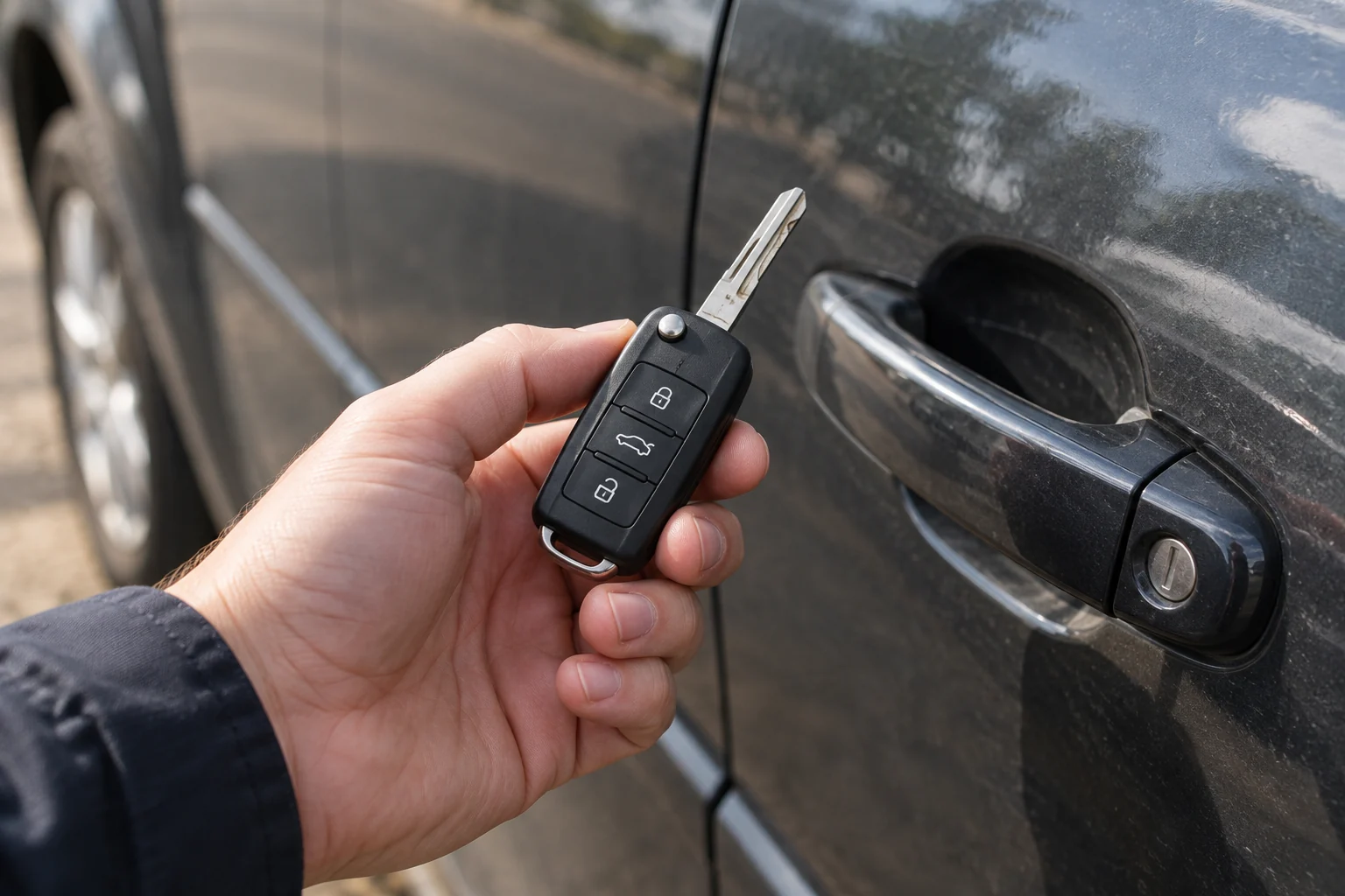 Prie automobilio durelių apžiūrima rakto geležtė ir korpusas.