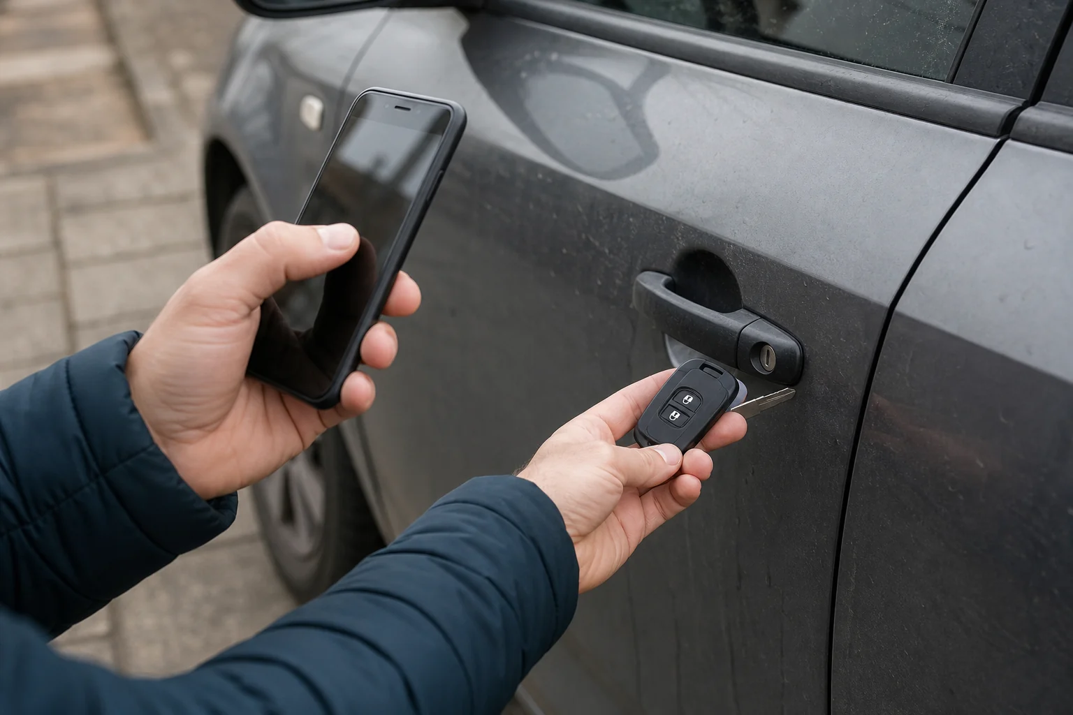 Žmogus telefonu fotografuoja automobilio raktą prieš užsakymą