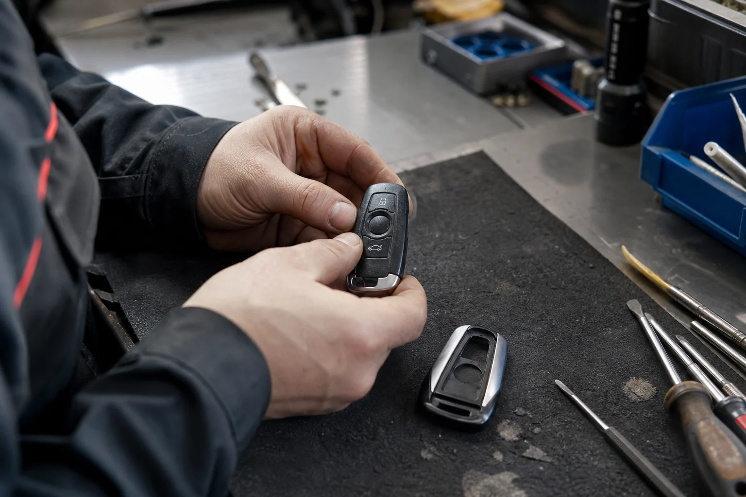 Technikas apžiūri automobilio rakto mygtukus ir korpusą darbo vietoje.