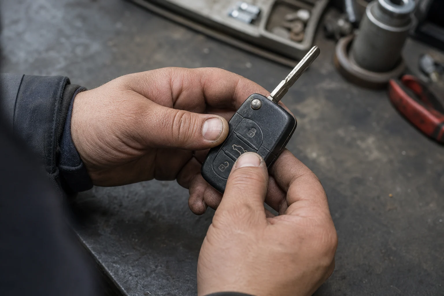 Meistras dirbtuvėse apžiūri susidėvėjusį automobilio rakto pultelį ir jo mygtukus.