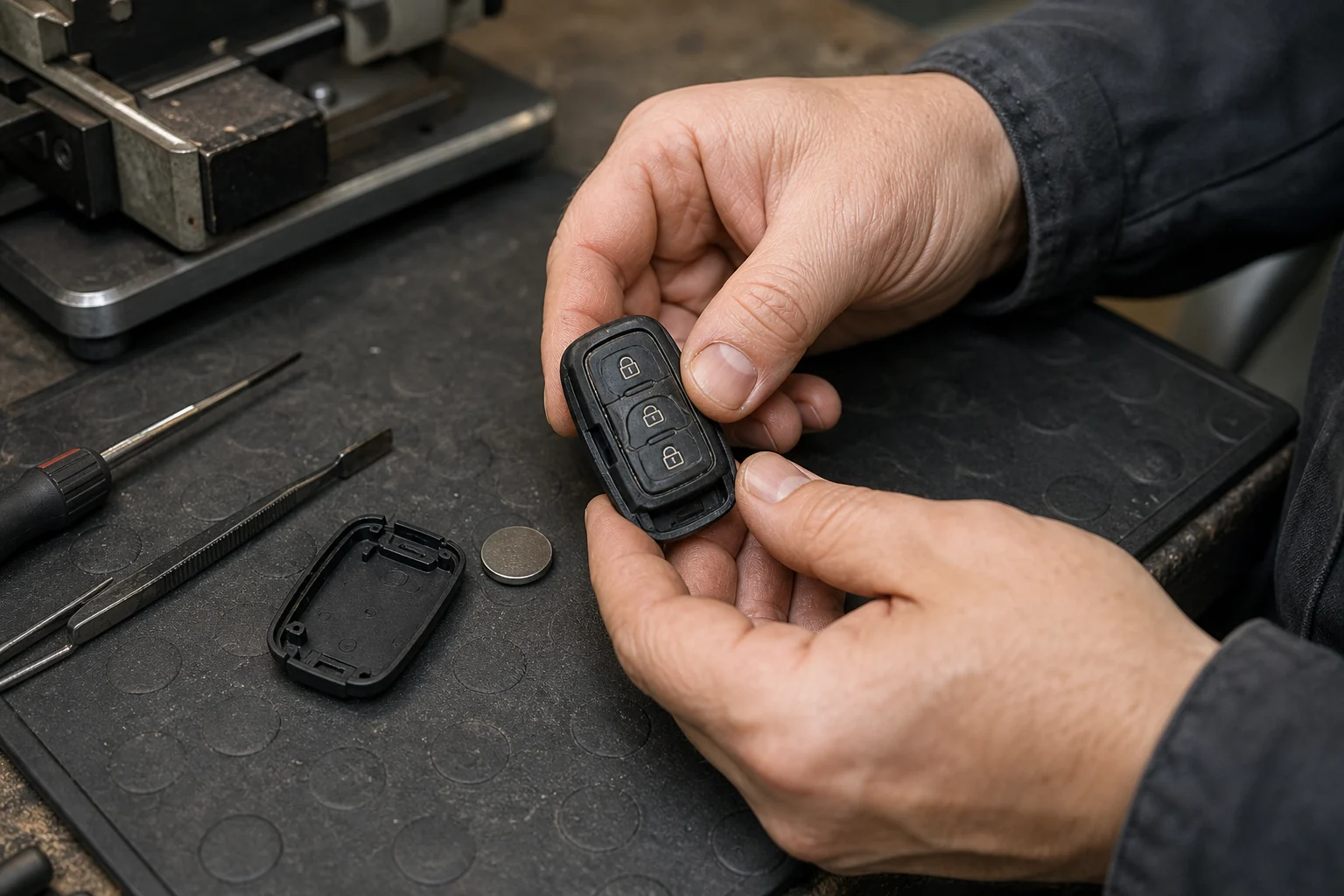 Specialistas apžiūri nusidėvėjusius automobilio nuotolinio valdymo rakto mygtukus ir išimtą bateriją.