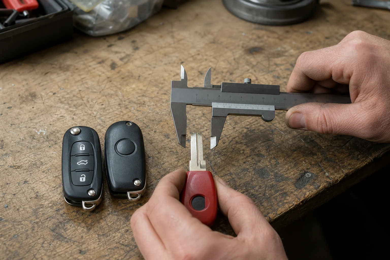 Automobilio raktas iš abiejų pusių fotografuojamas ir tikrinamas slankmačiu prieš užsakymą.