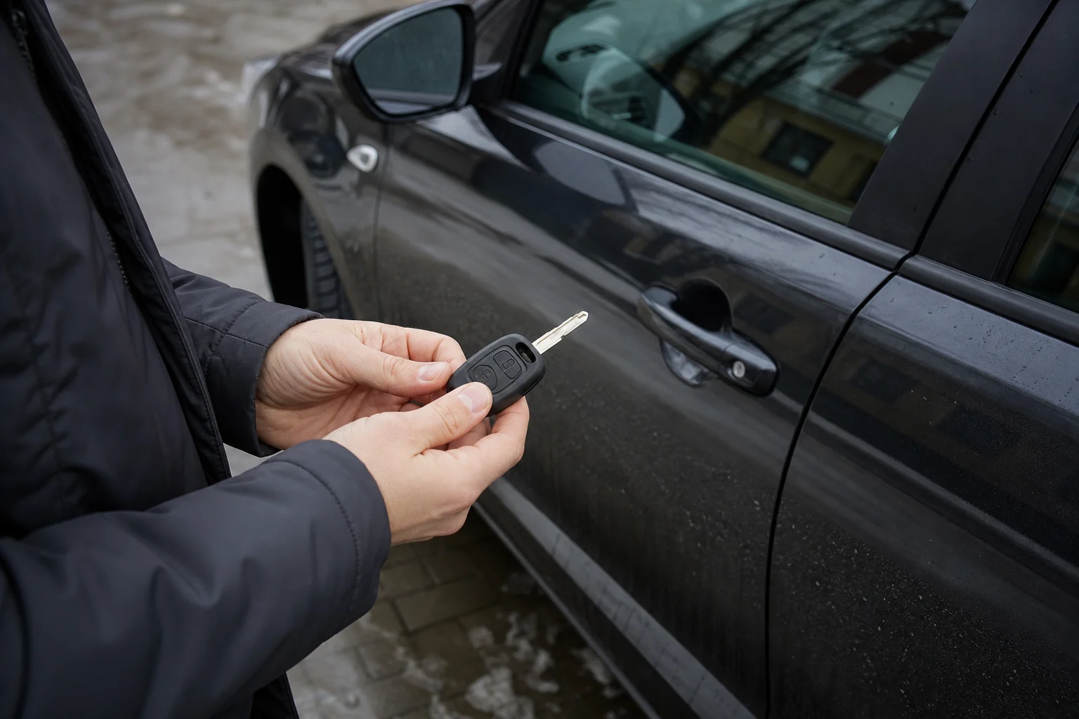 Žmogus vertina automobilio rakto mygtukus ir užrakinto automobilio požymius.