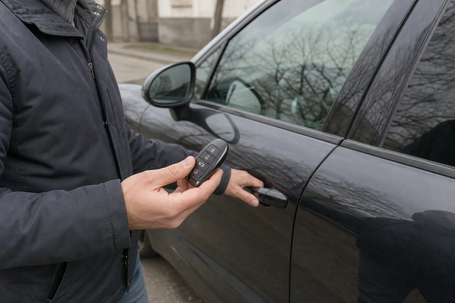 Vairuotojas prie uždarytų automobilio durelių tikrina automobilio raktelį.