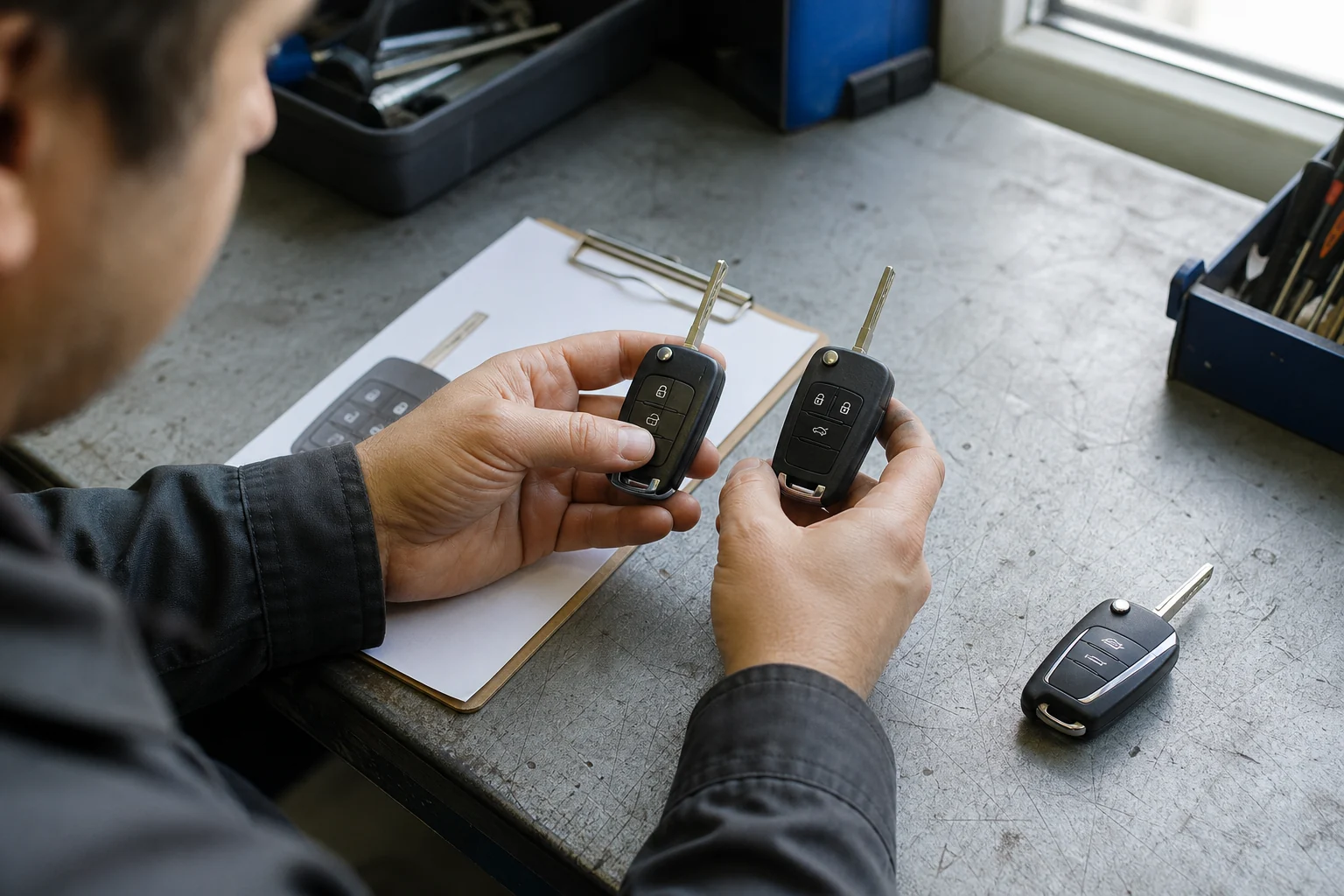 Specialistas ant darbo stalo lygina automobilio raktus ir tikrina jų tinkamumą pagal pateiktą informaciją.