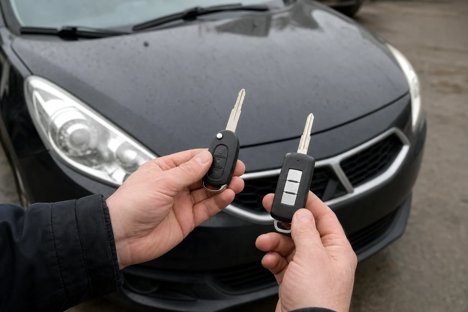Prie automobilio lyginami du skirtingi rakteliai ir jų mygtukų išdėstymas.