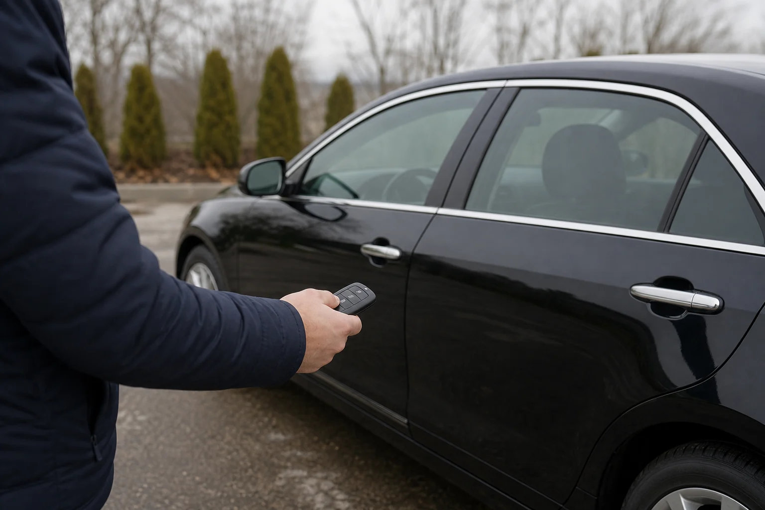 Žmogus prie automobilio tikrina rakto nuotolinio atrakinimo mygtuko veikimą.