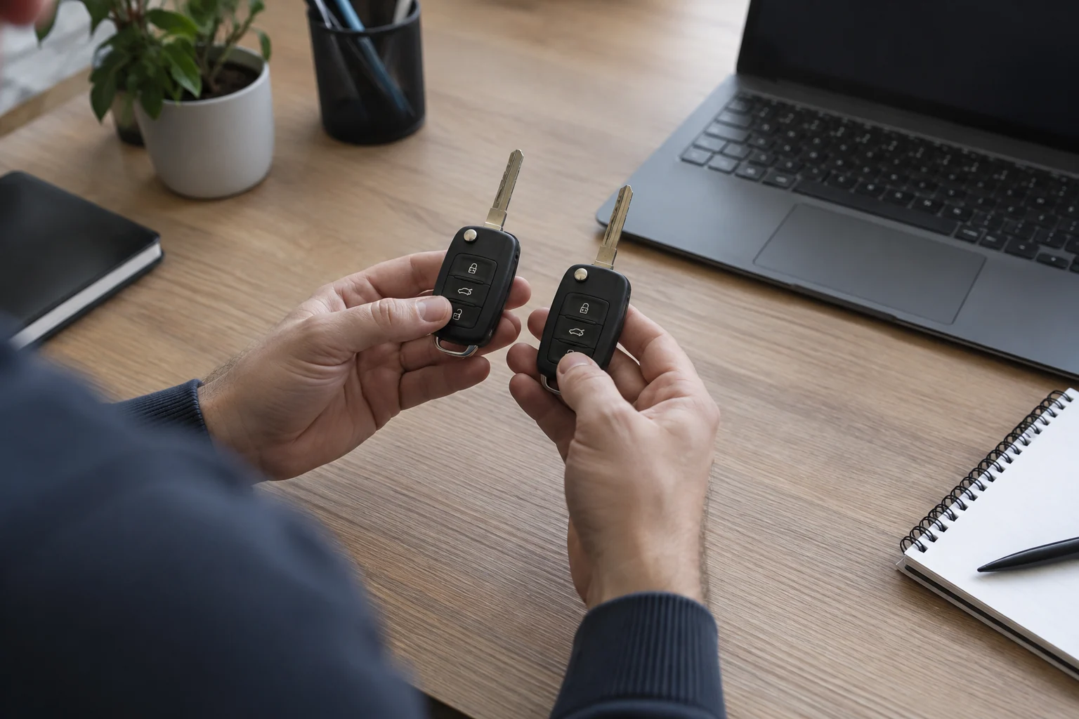 Ant darbo stalo žmogus lygina dviejų automobilio raktų išorinę formą.