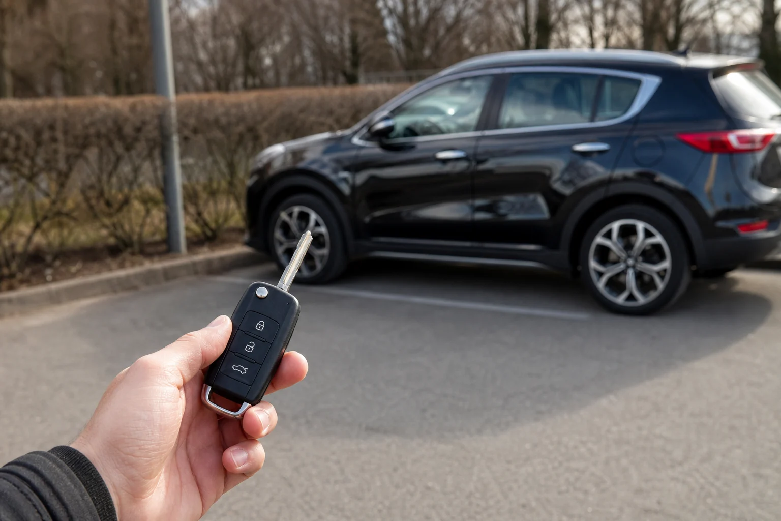 Iliustracijoje atskirai pavaizduoti užrakintas automobilis ir automobilio raktas, pabrėžiant skirtingus veiksmus po užsirakinimo.