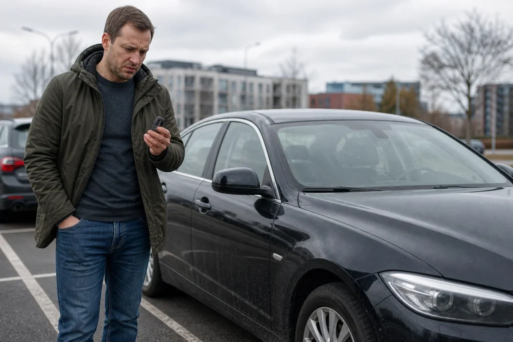 Žmogus prie užrakinto automobilio laiko automobilio raktelį ir vertina situaciją.