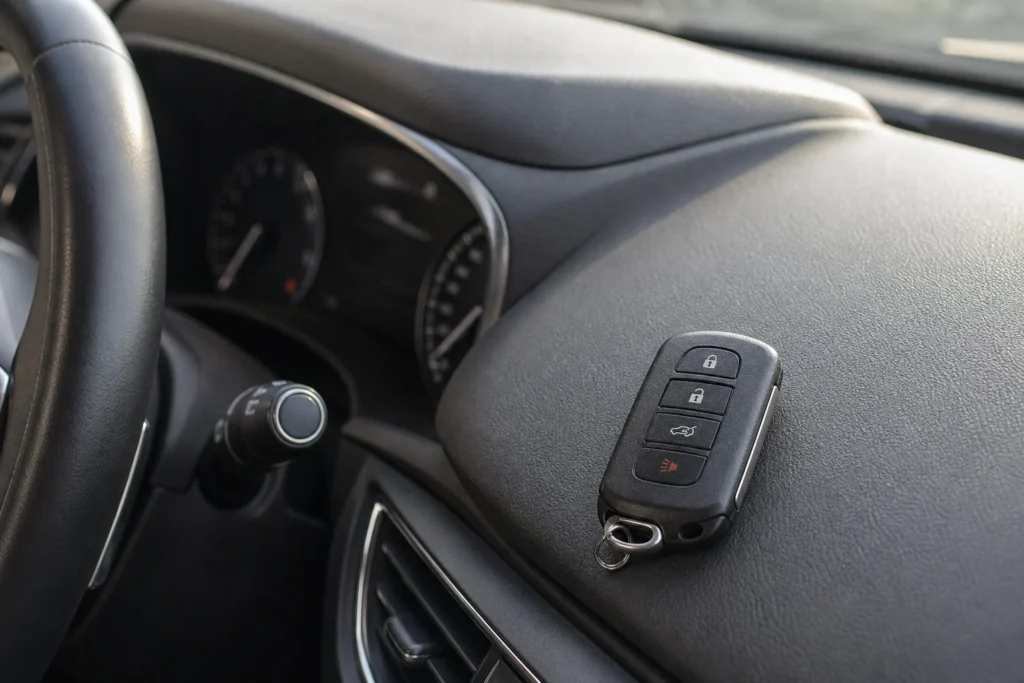 Automobilio raktas padėtas ant salono paviršiaus šalia vairo ir prietaisų skydelio.