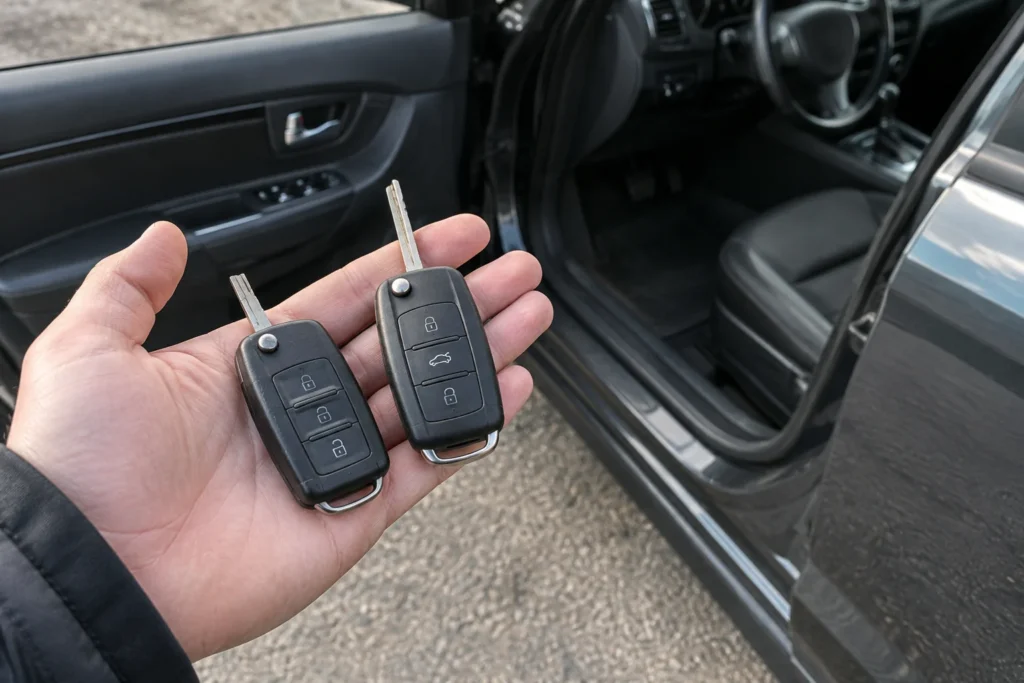 Du naudoti automobilio raktai laikomi delne prie pravirų automobilio durelių.