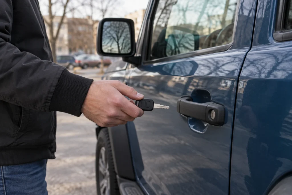 Ranka automobilio salone laiko raktą su pulteliu, o kitas raktas guli ant konsolės.