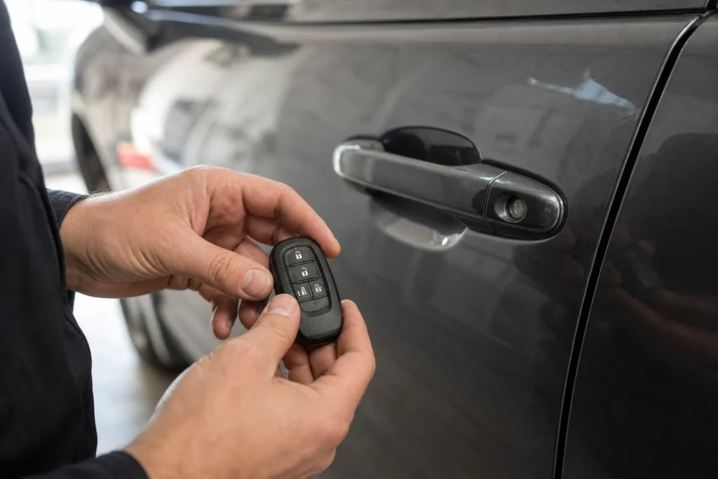 Specialistas apžiūri elektroninį automobilio raktelį šalia automobilio durų