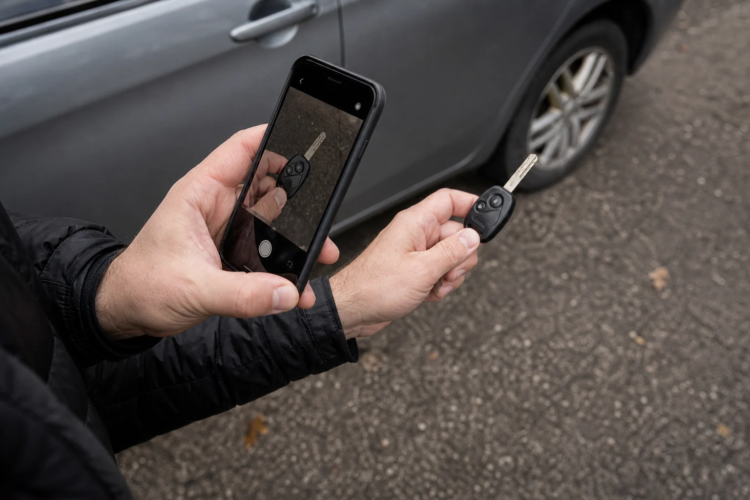 Automobilio savininkas fotografuoja raktelį užklausai specialistui