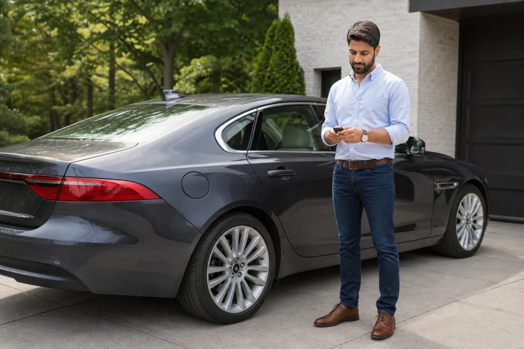Žmogus laiko automobilio raktelį šalia stovinčio automobilio.