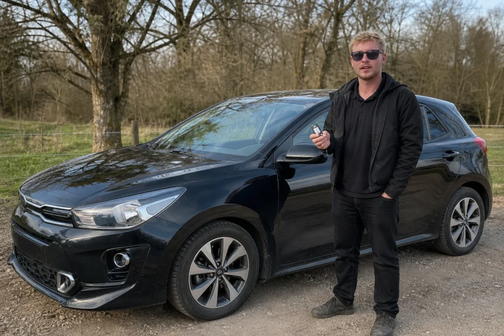 Vairuotojas prie užrakinto automobilio laiko automobilio raktą.