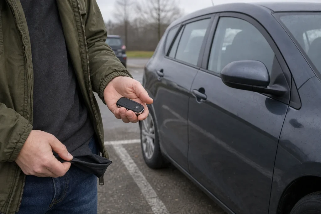 Žmogus prie uždaryto automobilio tikrina automobilio raktą ir tuščią kišenę.