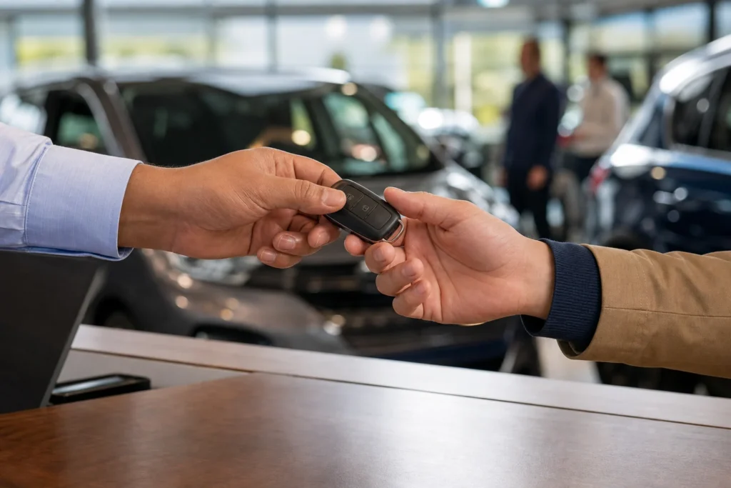 Žmogus laiko automobilio raktą šalia automobilio ir jį apžiūri.