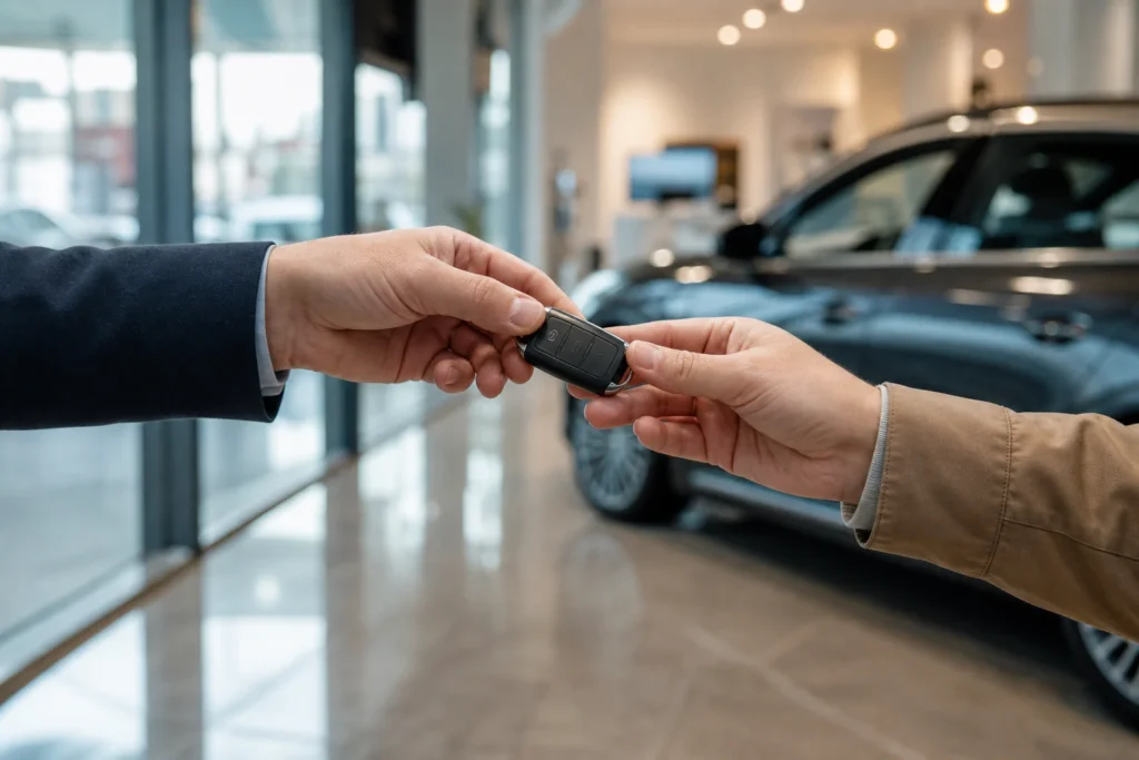 Automobilio raktas ir nuotolinio valdymo pultelis šalia automobilio
