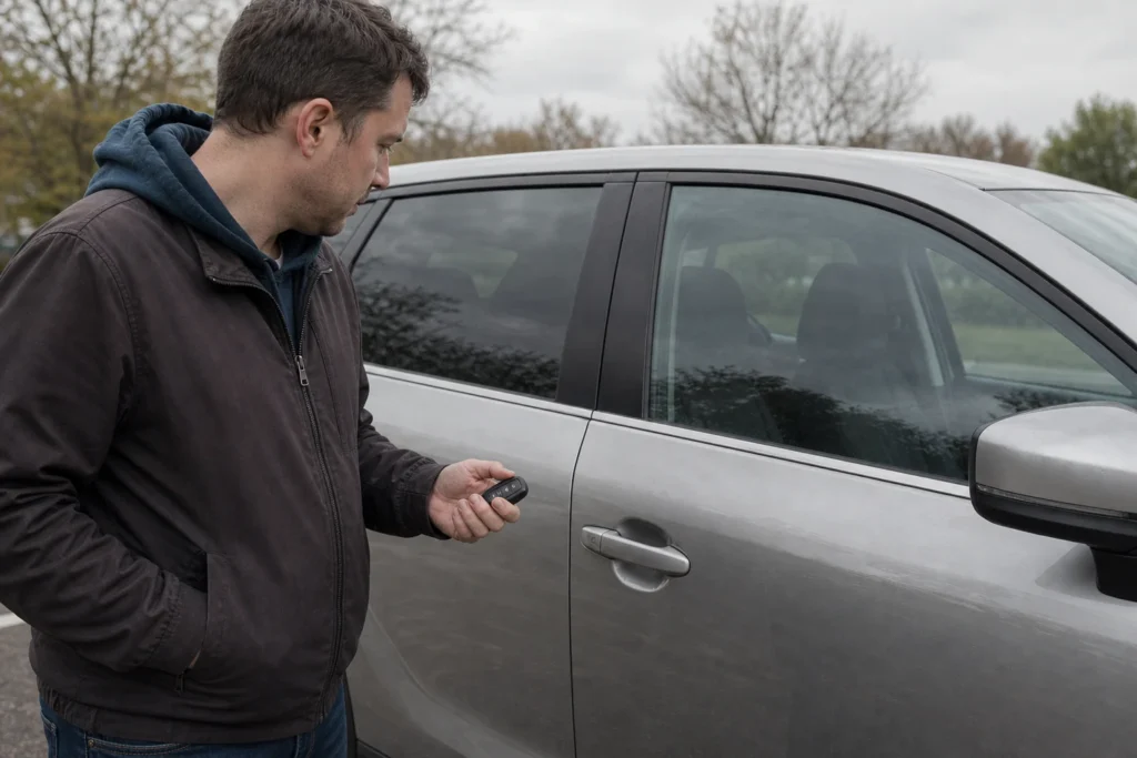 Žmogus laiko automobilio raktelį šalia užrakinto automobilio durų.