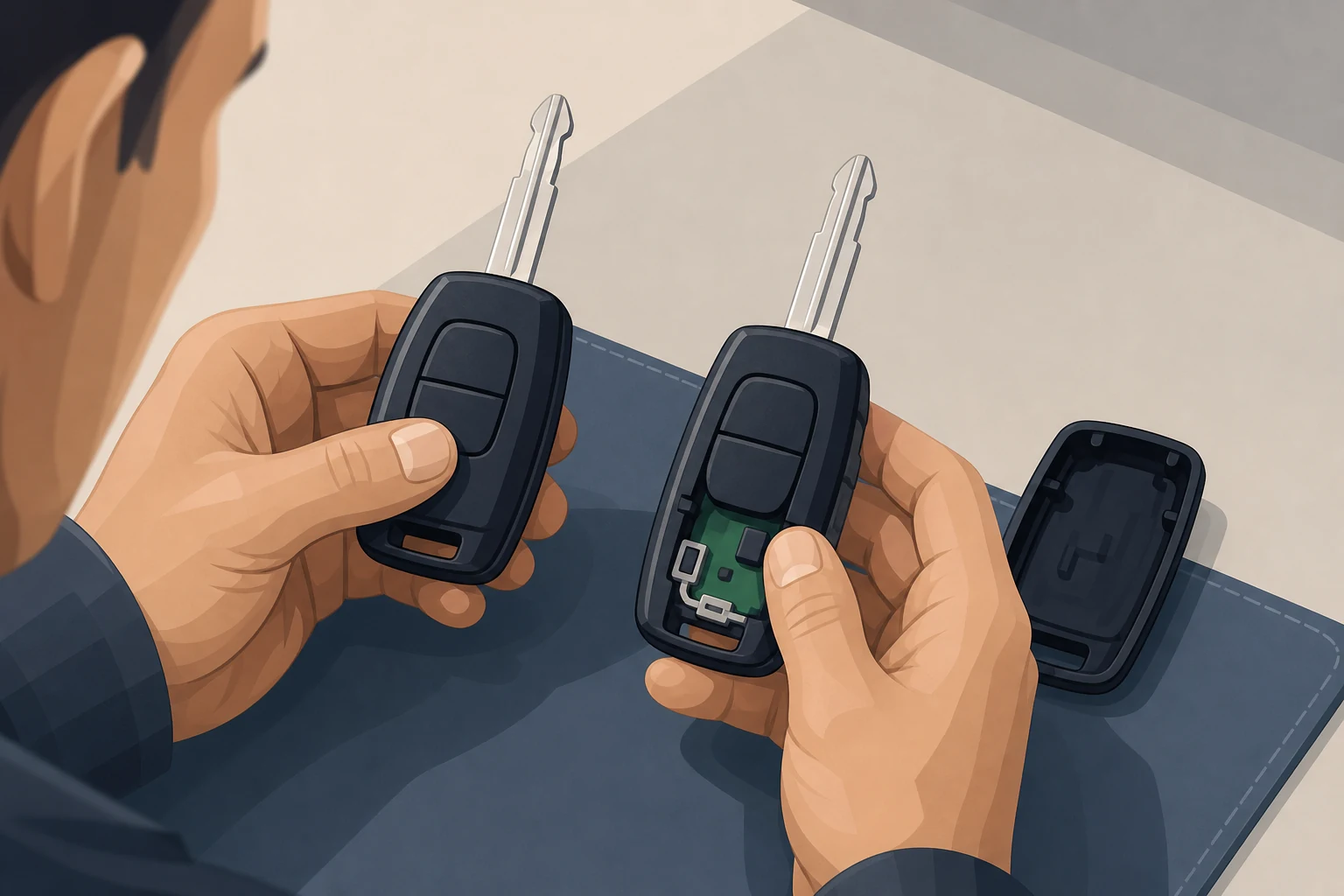 Specialistas lygina du panašiai atrodančius automobilio raktus pagal korpuso formą, mygtukų išdėstymą ir geležtę, kad įvertintų jų suderinamumą.