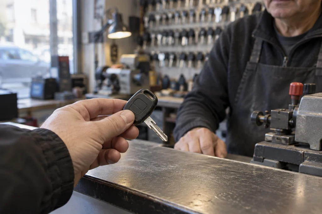 Delne laikomas naudotas automobilio raktas prie pravirų durelių.