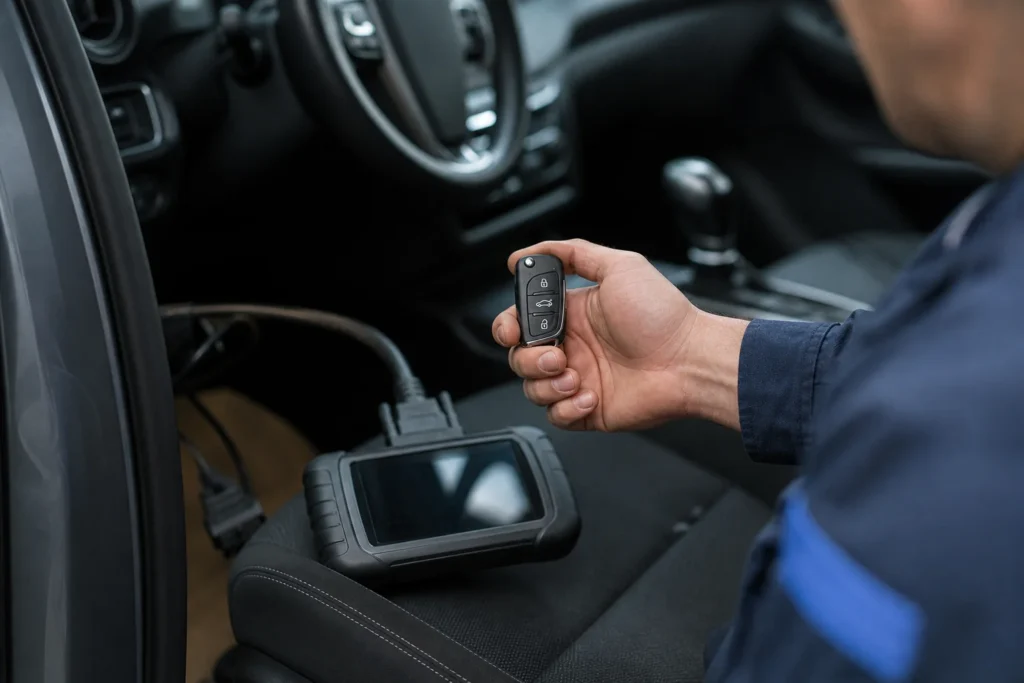 Žmogus laiko automobilio raktą prie automobilio durelių