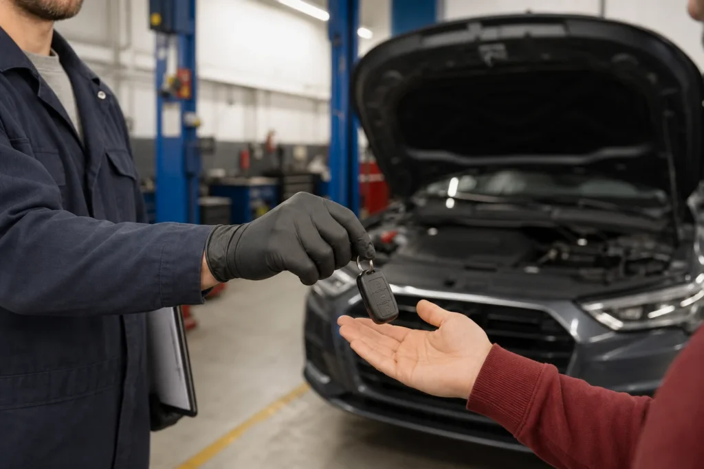 Automobilio savininkas laiko raktą šalia automobilio durų