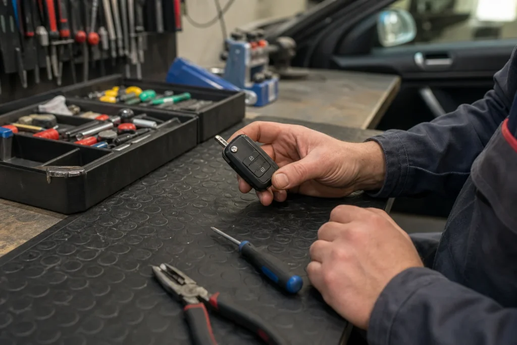 Rankoje laikomas automobilio raktelis šalia stovinčio automobilio.