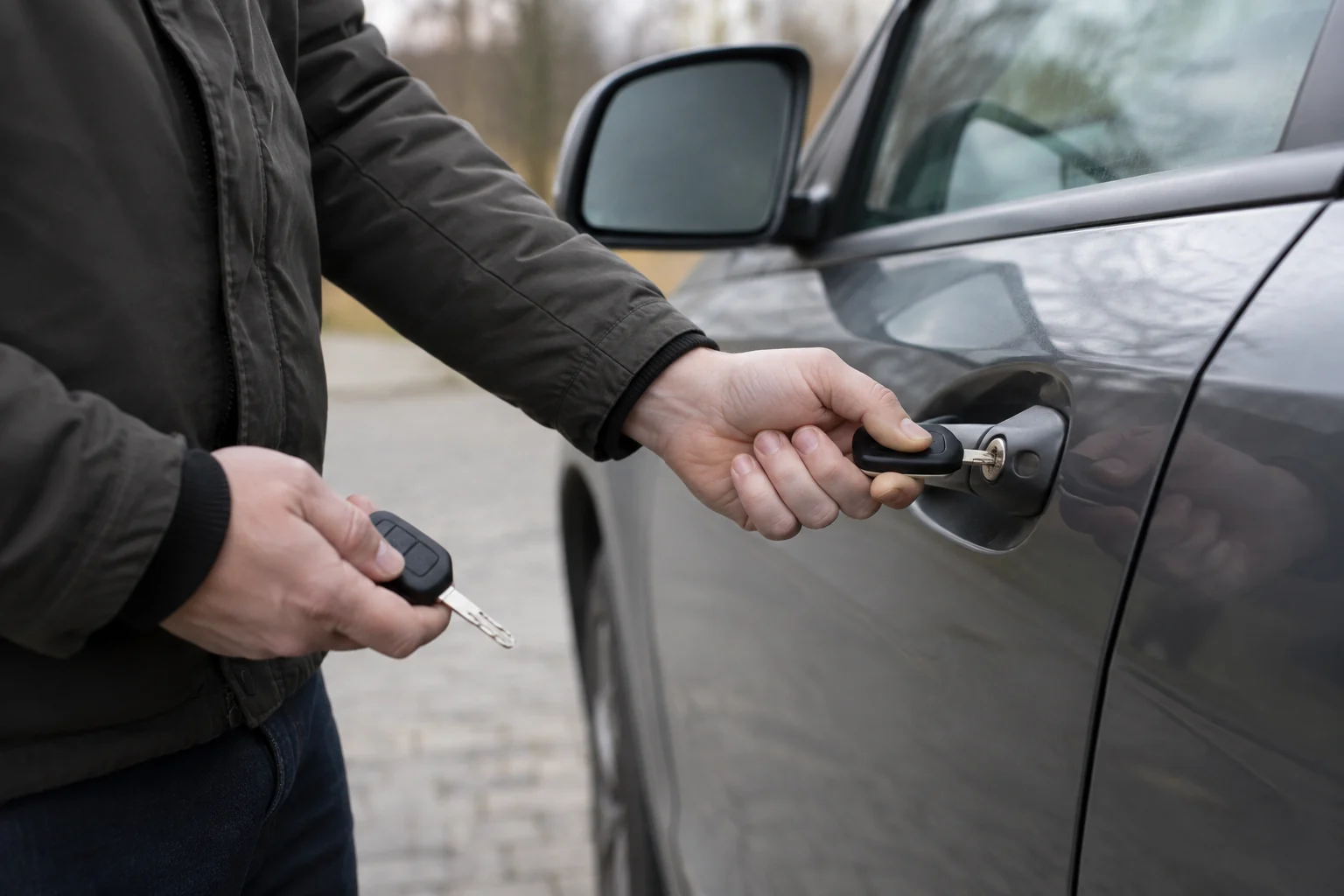 Prie automobilio durelių bandomas papildomas raktas, kitą laikant atskirai.