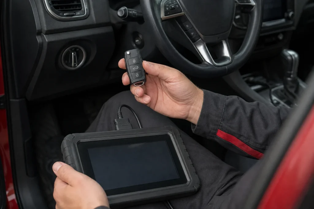 Automobilio savininkas šalia užrakinto automobilio laiko automobilio raktą