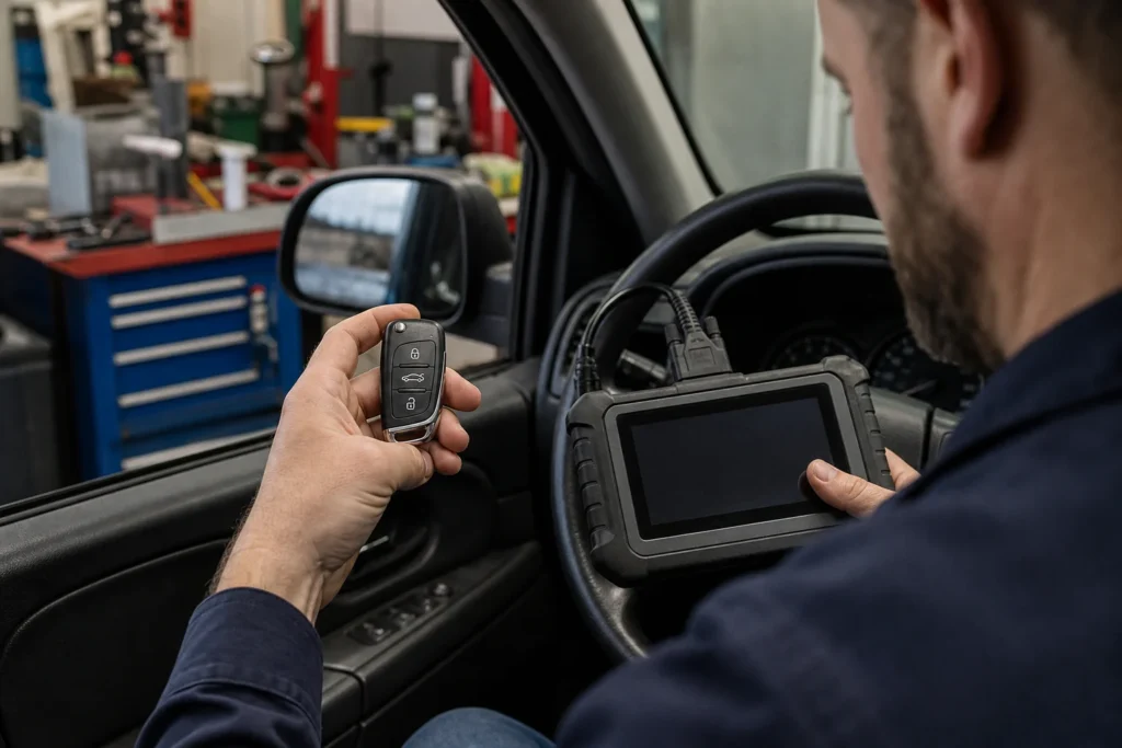 Žmogus apžiūri automobilio rakto pultelį šalia automobilio.