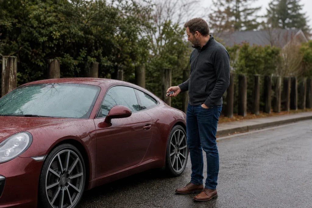 Automobilio savininkas prie užrakinto automobilio laiko rakto pultelį ir vertina tolesnius veiksmus.