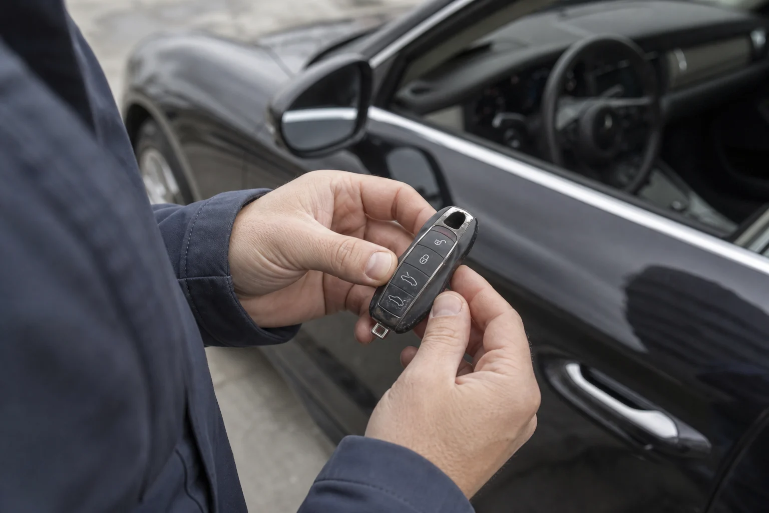 Prie automobilio žmogus apžiūri nusidėvėjusį rakto pultelį su pažeistais mygtukais ir korpusu.