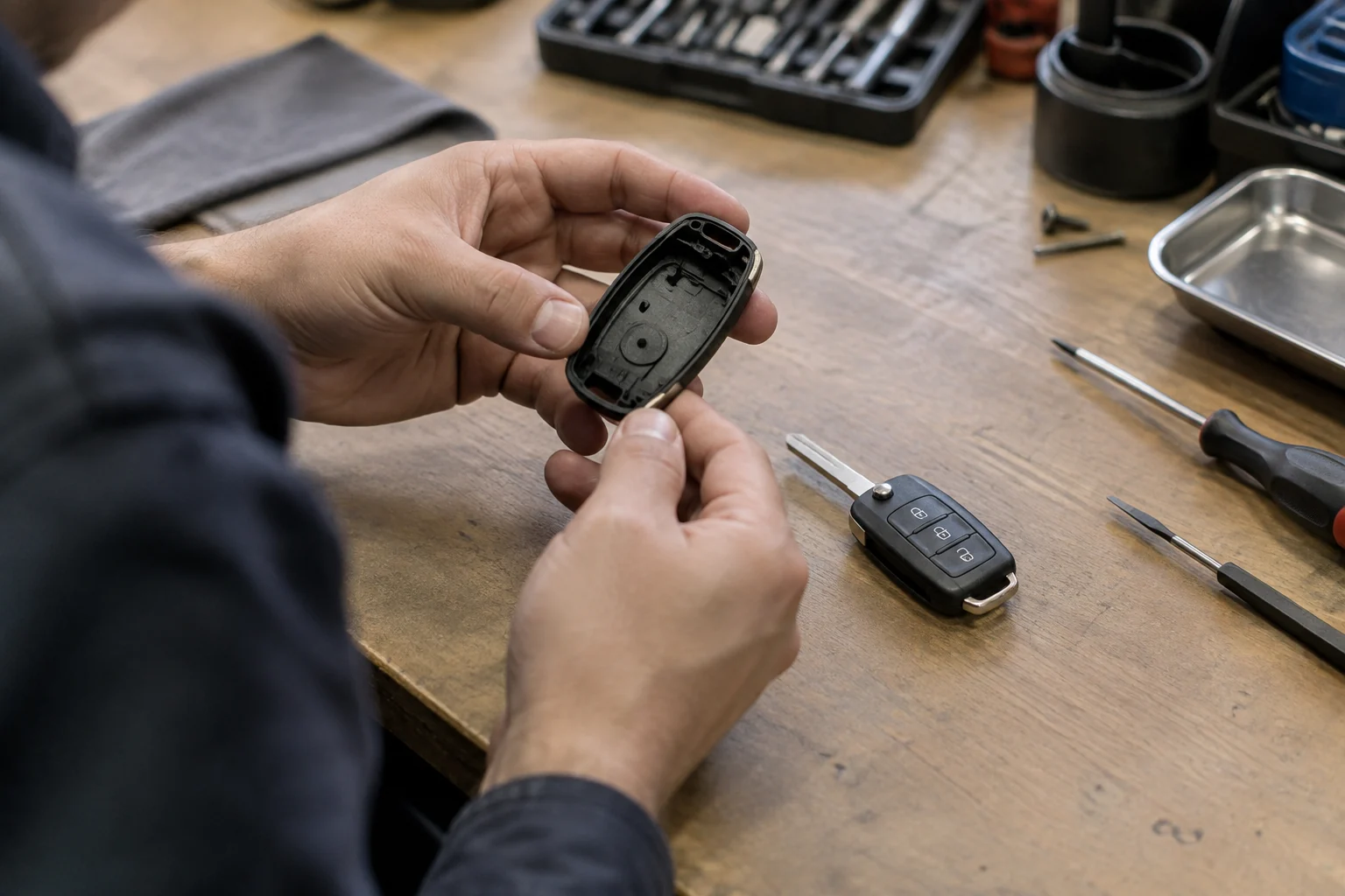 Ant darbo stalo specialistas apžiūri tuščią pultelio korpusą šalia nuotolinio automobilio rakto.