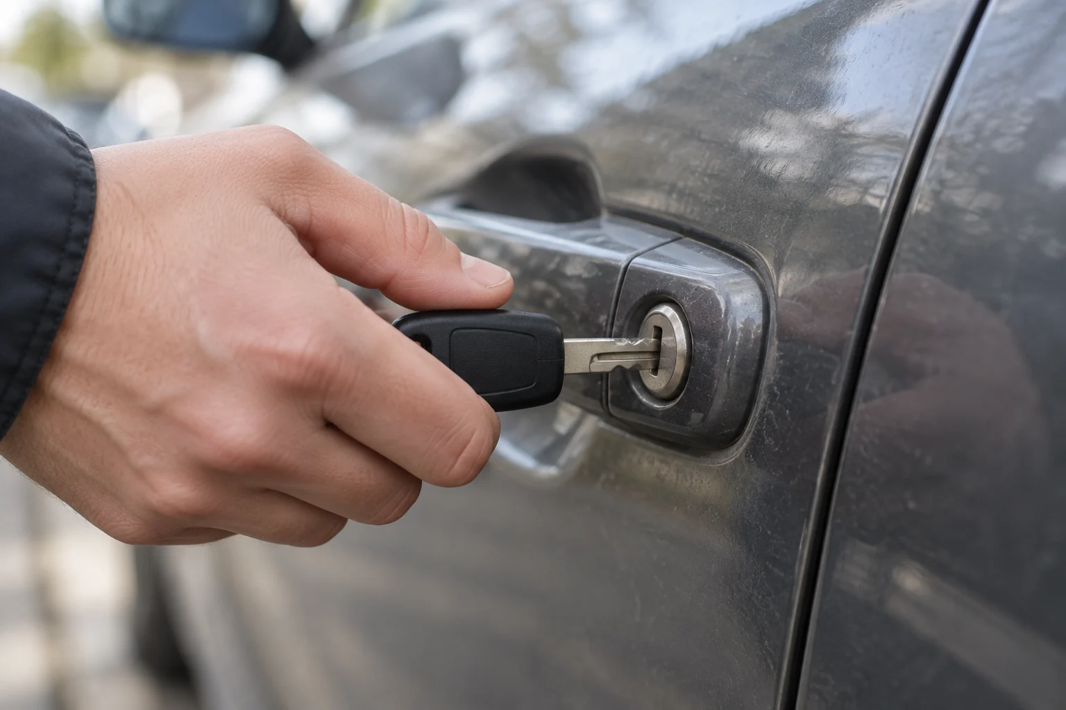 Ranka įstato metalinę rakto geležtę į automobilio durų spynelę.