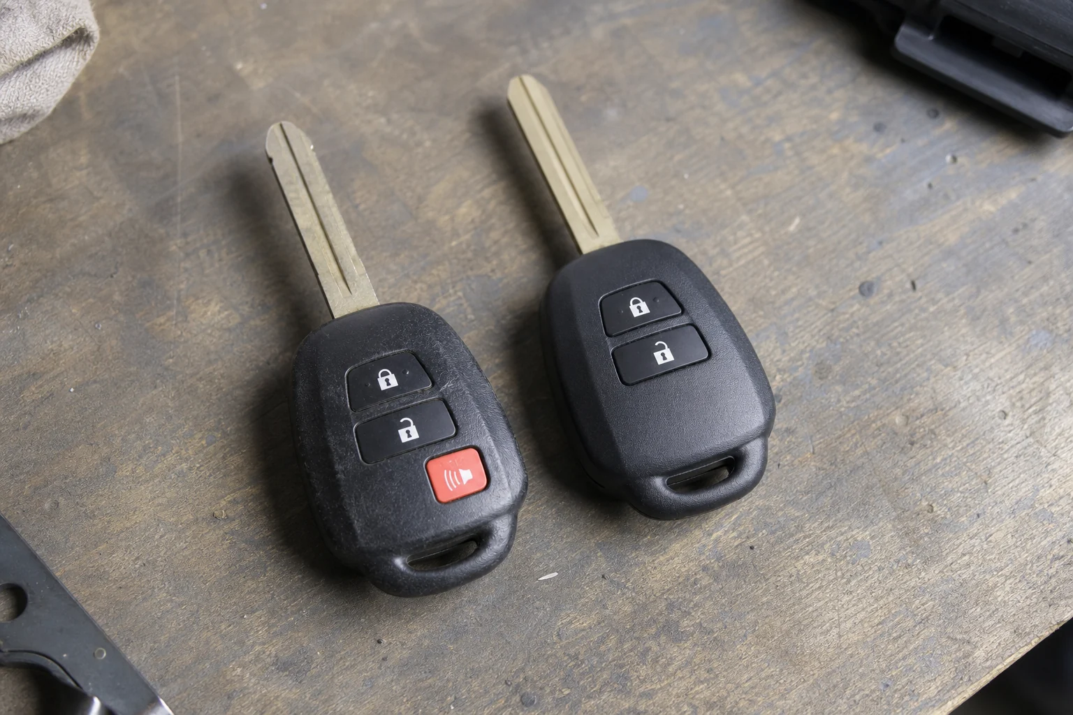 Prieš pakeitimą greta padėti senas automobilio rakto korpusas ir galimas pakaitinis korpusas.
