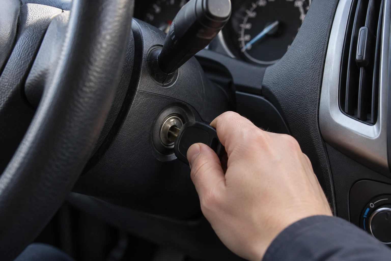 Ranka pasuka raktą be mygtukų automobilio užvedimo spynelėje.