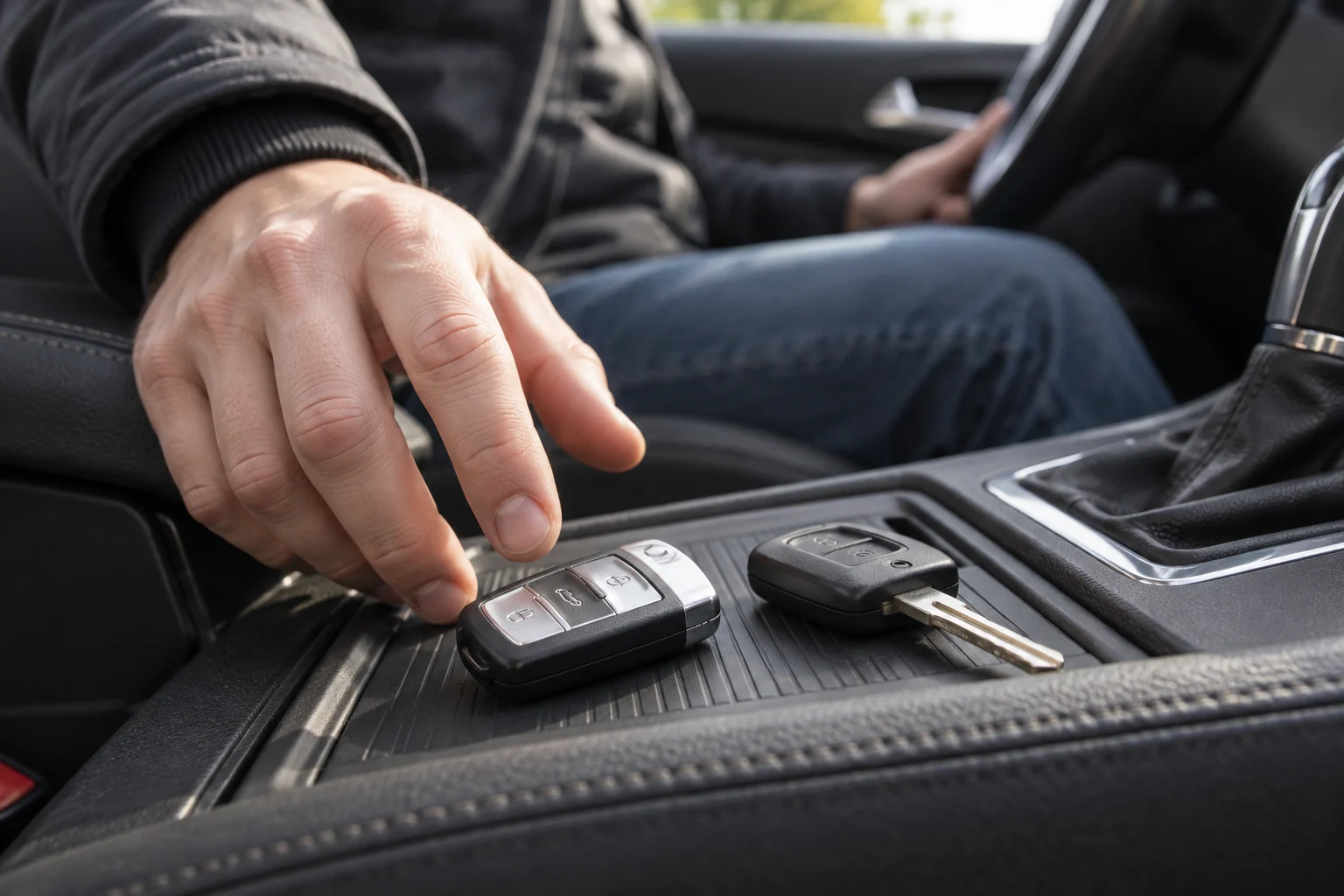 Du automobilio raktai padėti salone, o vairuotojas siekia vieno iš jų.