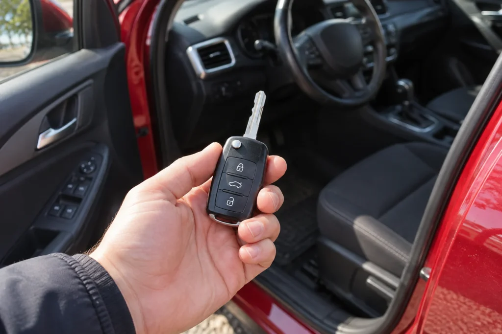 Delne laikomas automobilio raktas prie pravertų vairuotojo durelių.